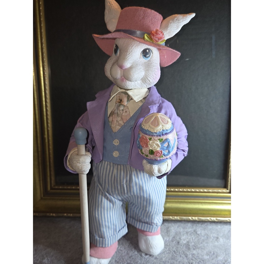 Vintage Fabric Mache Easter Bunny Gentleman 12" Rabbit Egg Cane Spring Decor